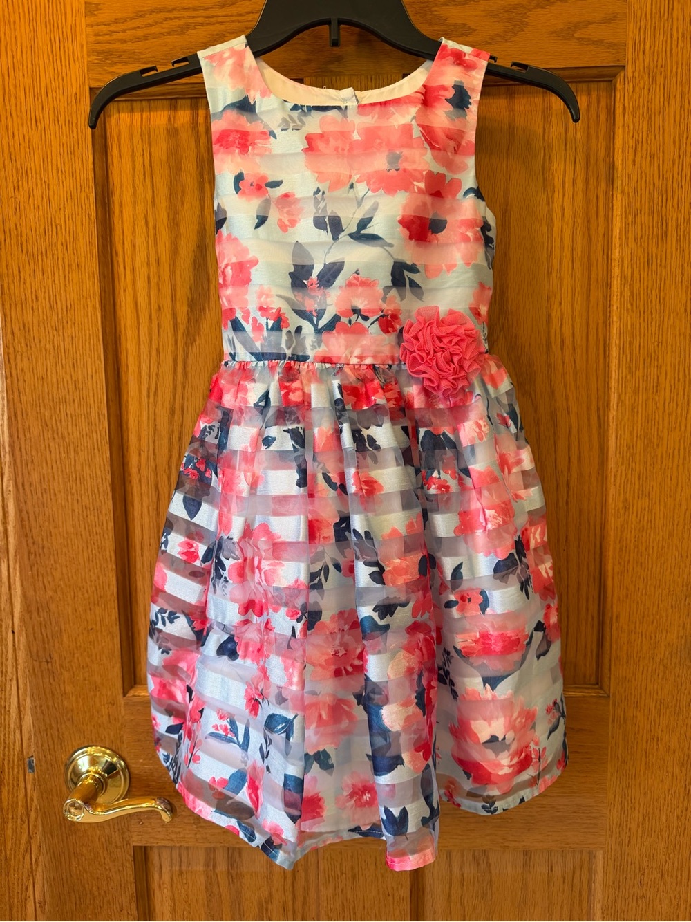 Jona Michelle Pink Floral & Navy Leaf Sleeveless Party Dress with Rosette